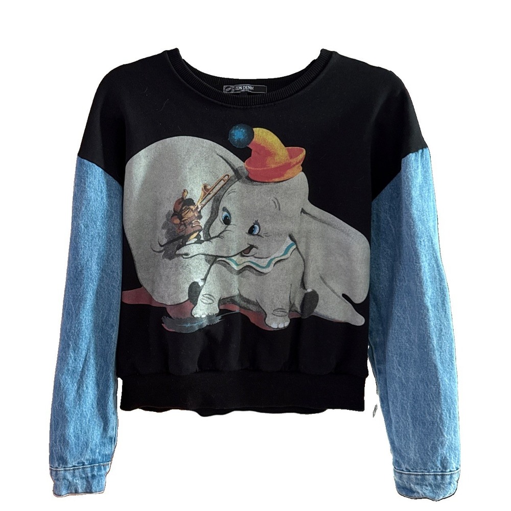 ZARA Dumbo Disney Spirit Crop Sweatshirt  Denim Sleeves Retro Size M